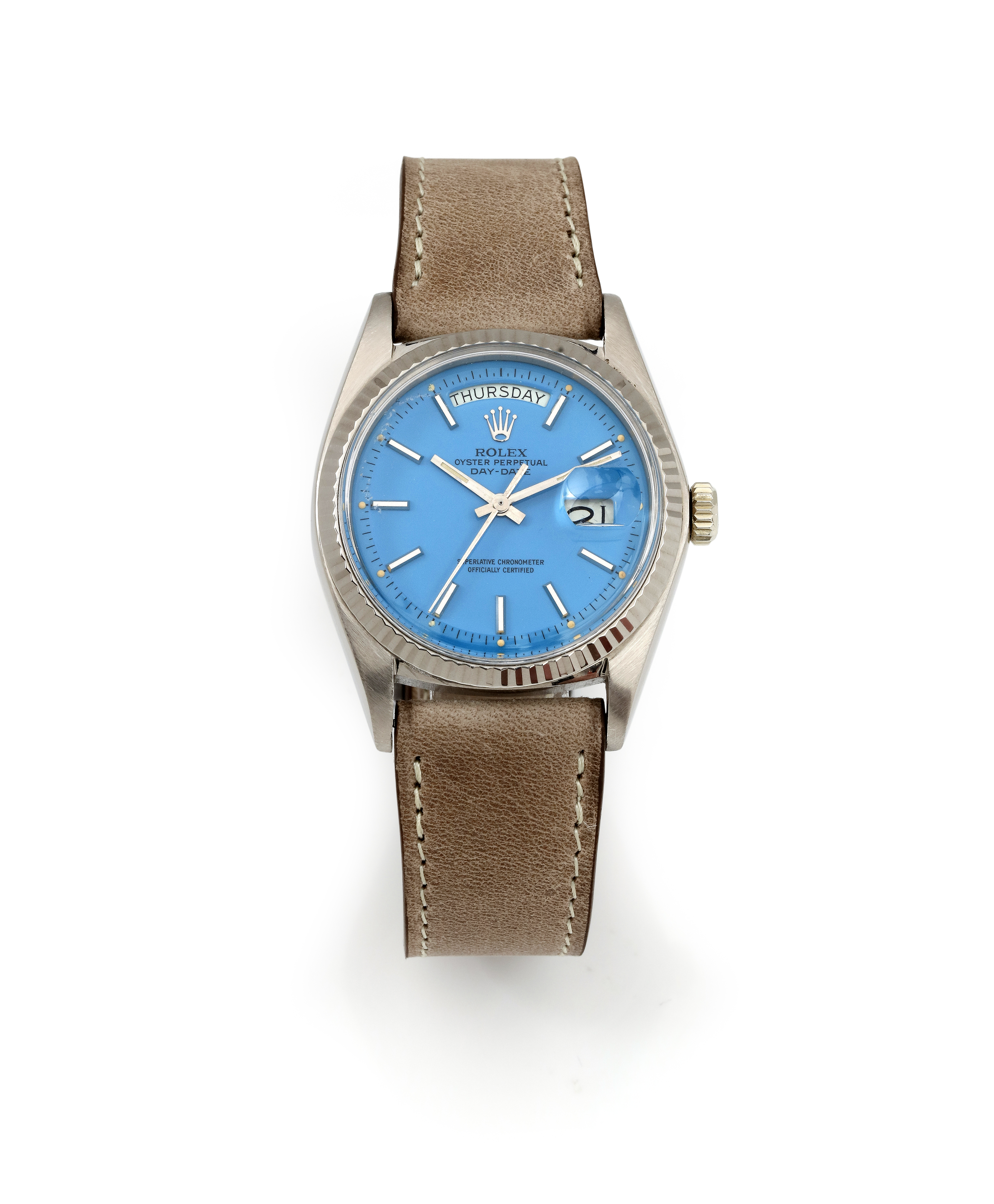 ROLEX. Day-Date Ref. 1803 « Stella bleue” en or blanc – Vers 1977