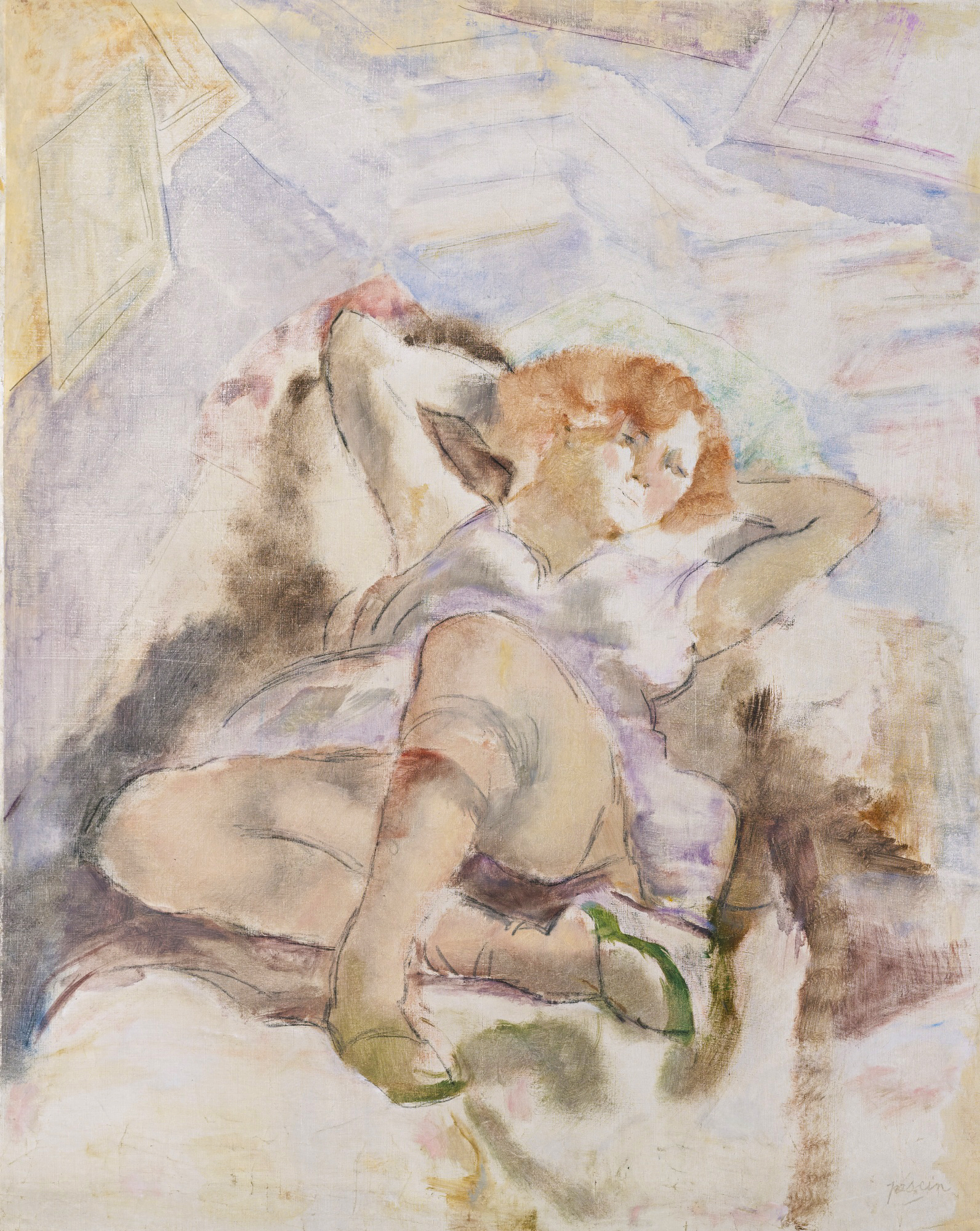 Jules PASCIN La Rousse (Jeune femme allongée) 1928 Huile sur toile, 92,3x73,4cm signé en bas à droite, Coll. part.