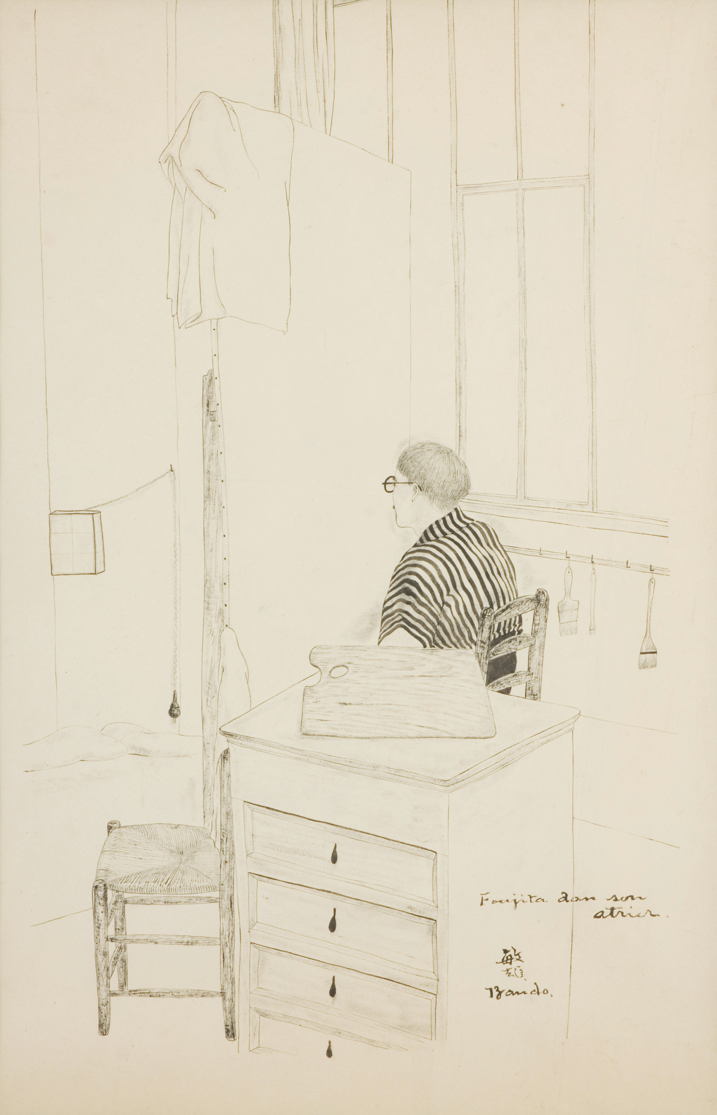 BANDO Son ami Foujita au travail 1923 Encre sur papier Coll. part.