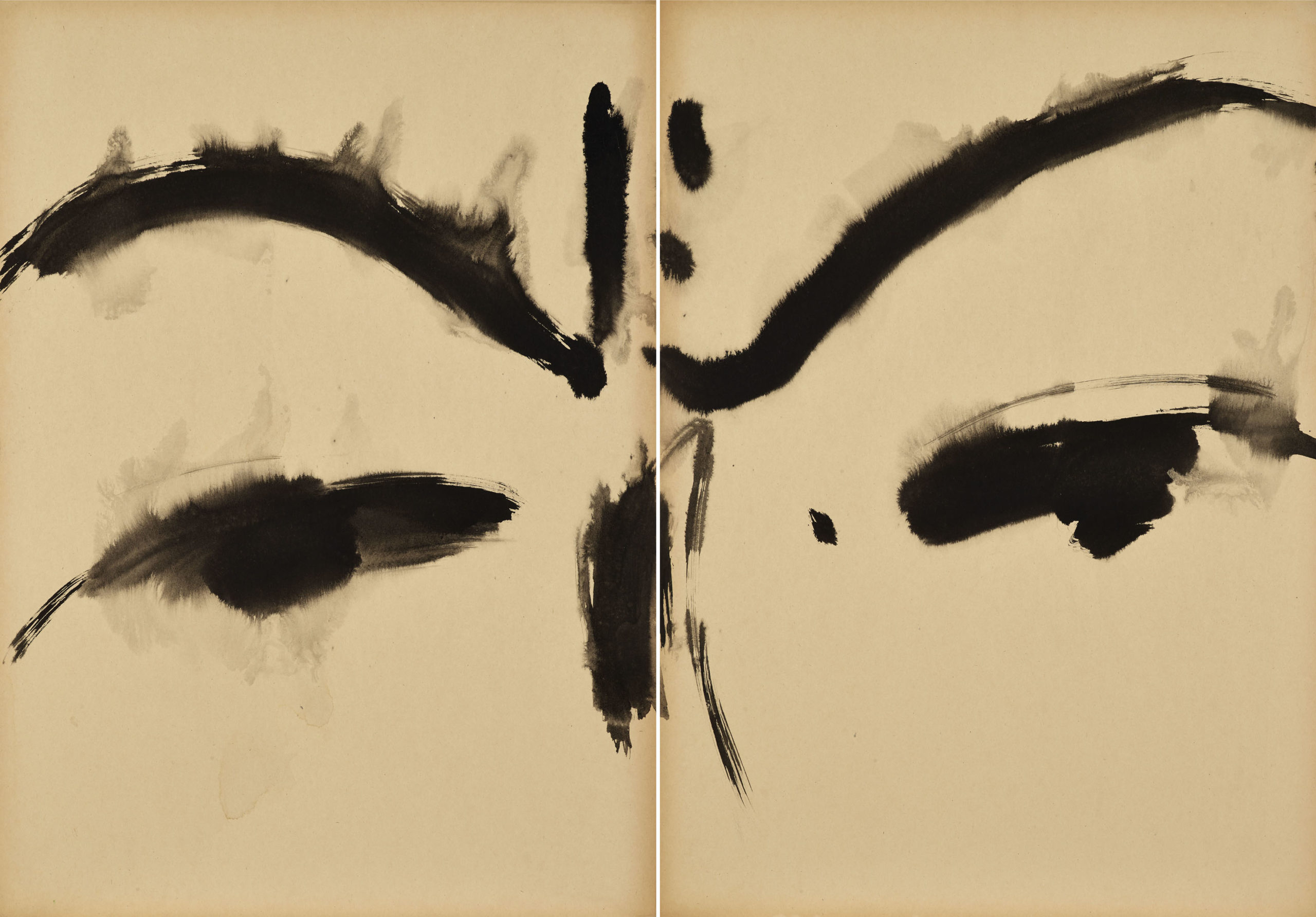 Sans titre, visage-paysage, circa 1968, encre sur carton Kyro, diptyque 70x100 cm