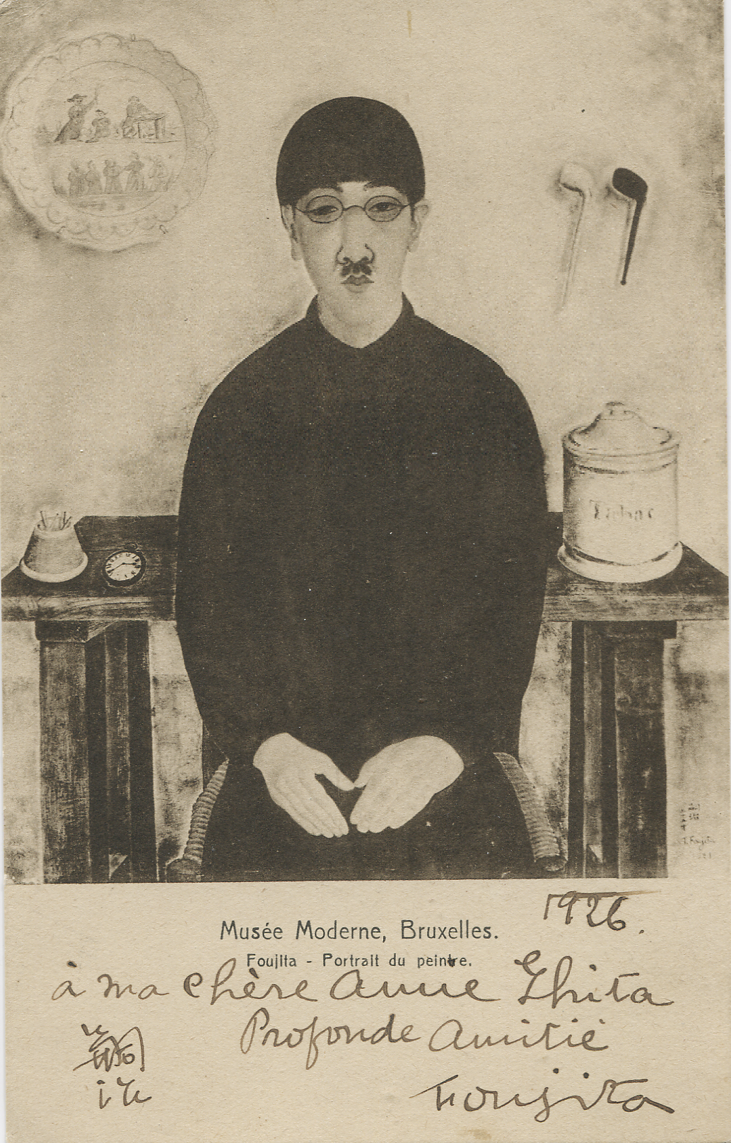 Carte postale adressée par Foujita à Ghita Luchairevers 1925 - Autoportrait, Encre de Chines sur papier © Archives du Catalogue Général raisonné de l'Œuvre de T. L. Foujita
