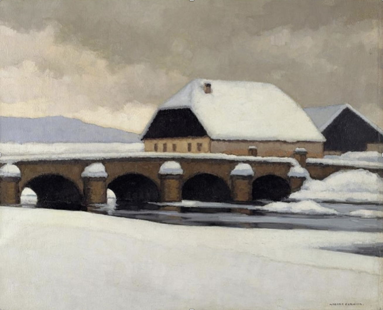 Robert Fernier, Pont sur le Drugeon sous la neige, 1939, huile sur toile, 50 x 61 cm, Paris, Musée National d’Art Moderne