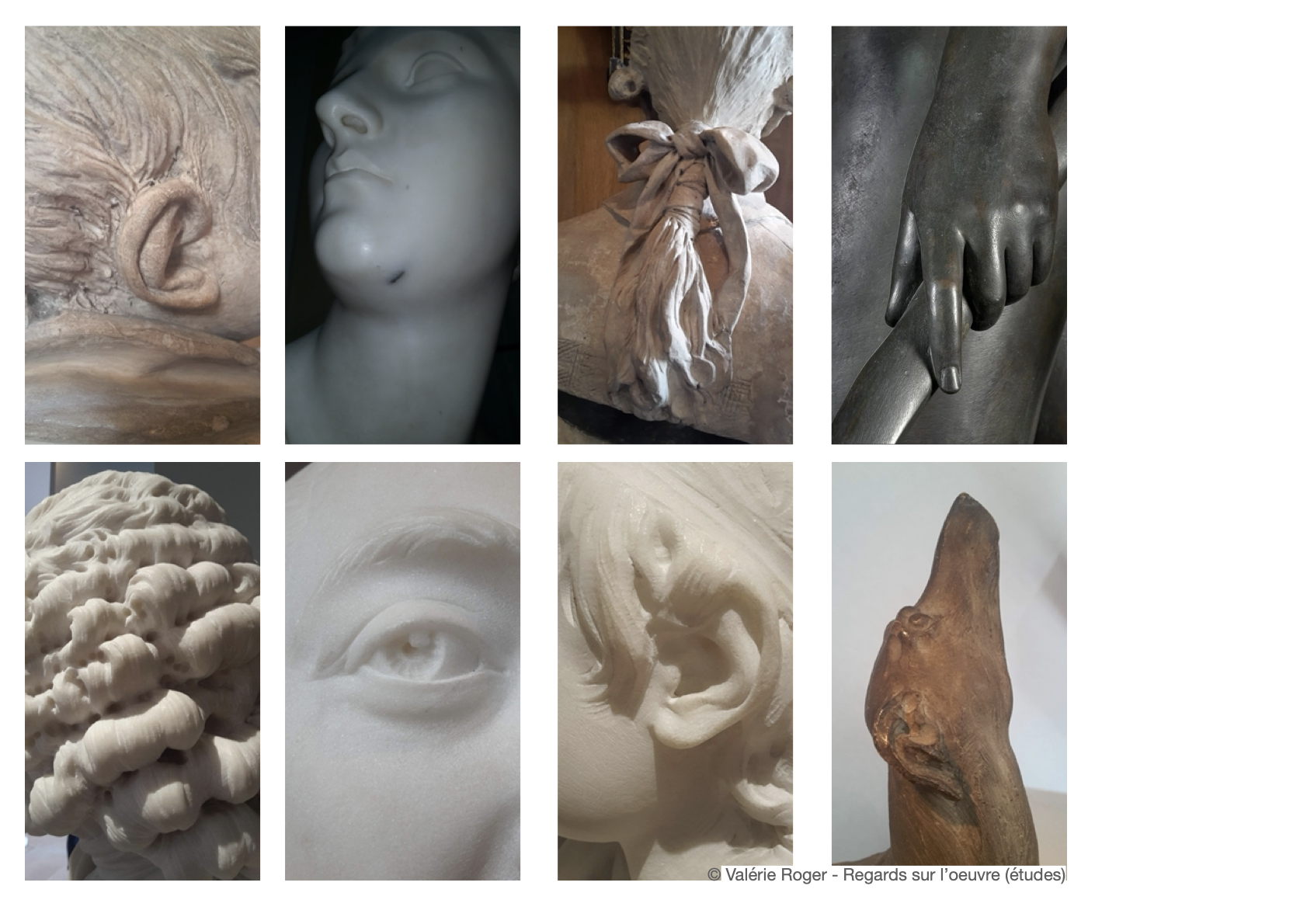 Regards sur l’œuvre (études), Planche de détails d’œuvres de Jean-Antoine Houdon – photographies multiples réalisées par Valérie Roger (expertises et analyses visuelles).