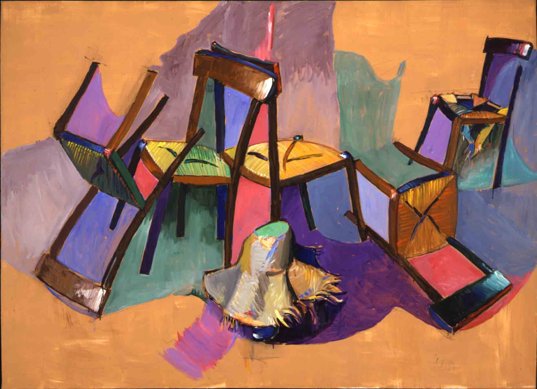 1980 Ballet de chaises à Skyros Acrylique sur toile, 145x200 cm.
