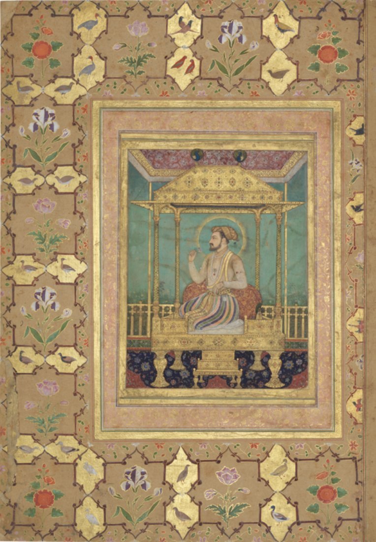 7.	Attributed to Govardhan, Portrait of the Mughal Emperor Shah Jahan on the Peacock Throne, c. 1635, ink, opaque watercolour and gold on paper with small pearls, 37.5  25.4 cm, Museum of Islamic Art, Doha, MS.45.2007
© The Museum of Islamic Art, Doha, MS.45.2007 / Marc Pelletreau
