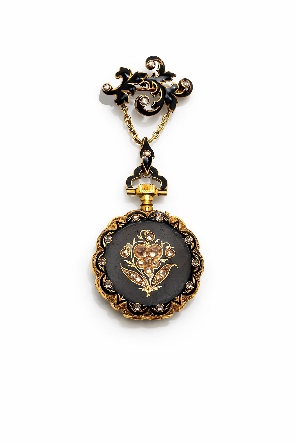 Henri Capt, L. Gallopin & Cie, fin du XIXᵉ. Montre-broche en or 18k, émail et diamants. Vendu avec Millon Marseille Provence © Timothé Leszczynski